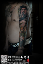 三国人物诸葛亮关公彩色花臂纹身