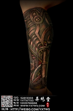 彩色机械小腿纹身