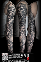 黑白欧美骷髅花臂纹身