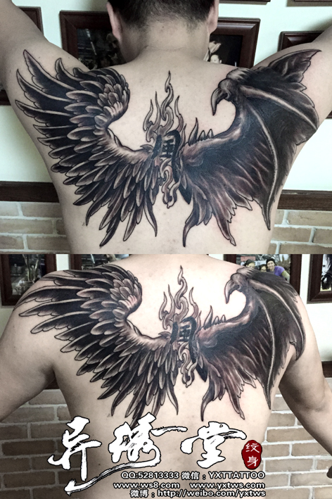 恶魔与天使翅膀半背纹身