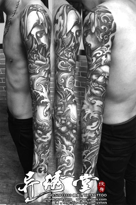 观音罗汉达摩黑白花臂纹身