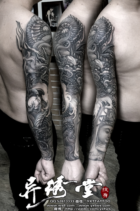 龙观音黑白花臂纹身