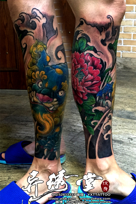 包小腿彩色唐狮牡丹彩色纹身