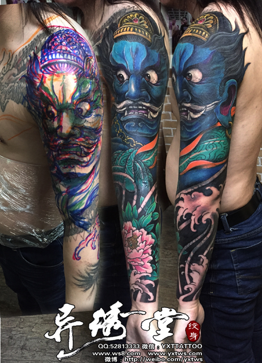 护法天神彩色花臂遮盖纹身
