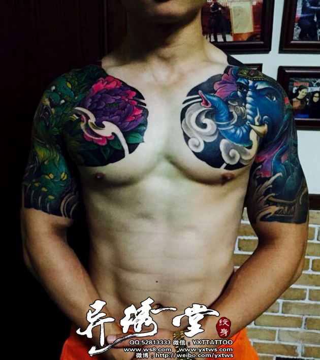 牡丹唐狮半甲象神半甲彩色传统