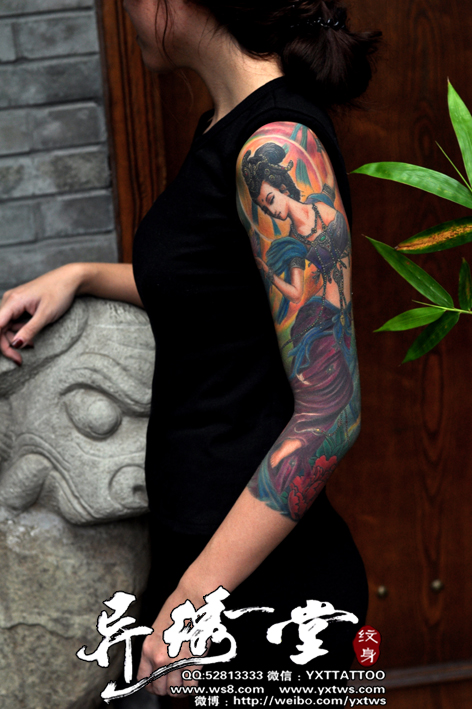 敦煌飞天美女彩色花臂纹身