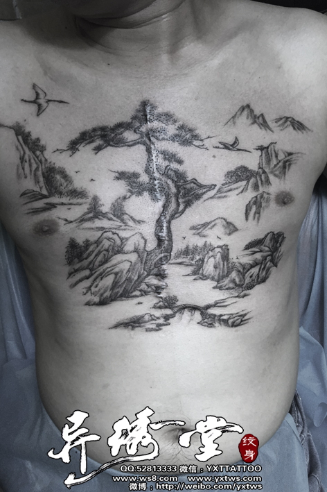 山水画纹身遮盖伤疤