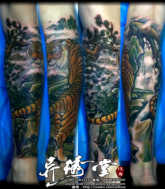 小腿纹身彩色老虎山水风景