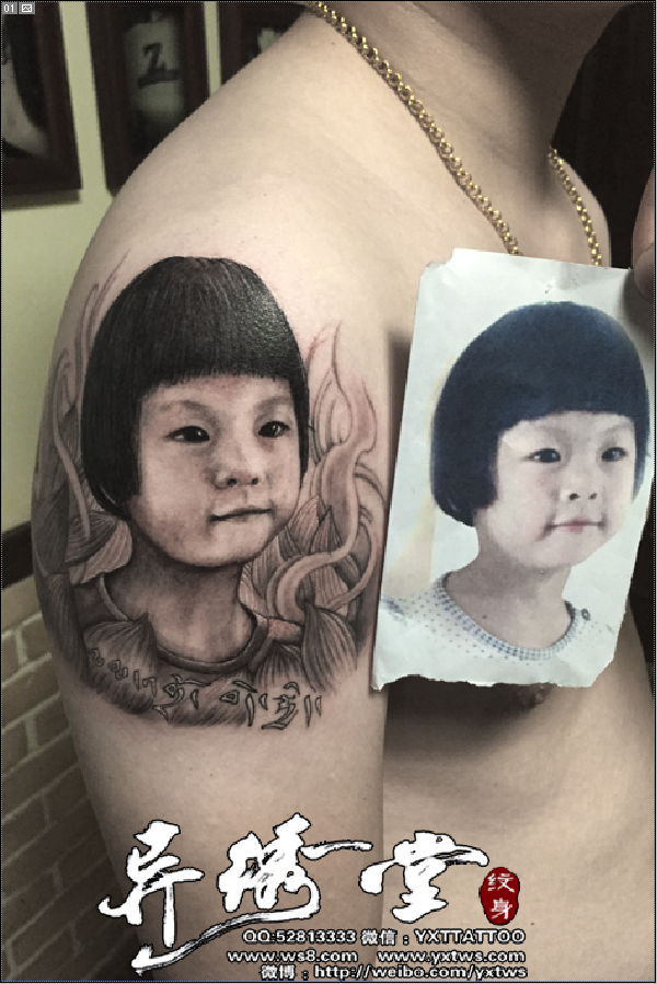 孩子黑白肖像纹身