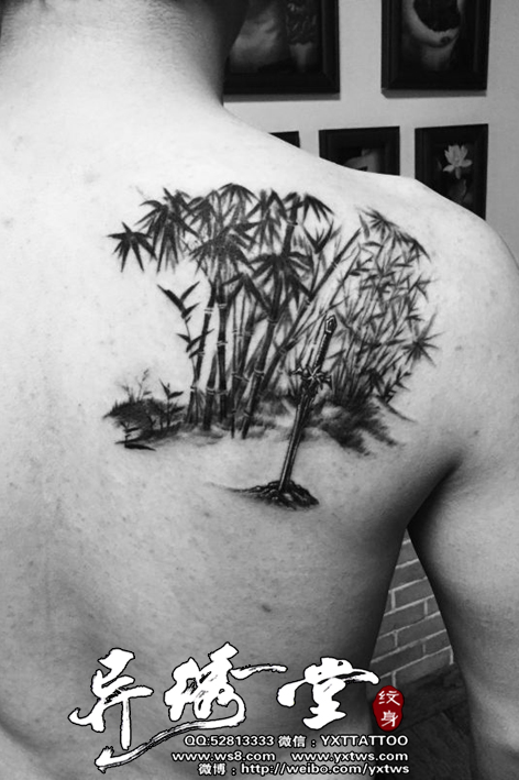 国画毛竹背部纹身