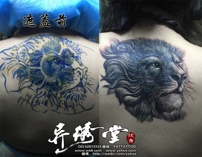 美女后背狮子头遮盖纹身