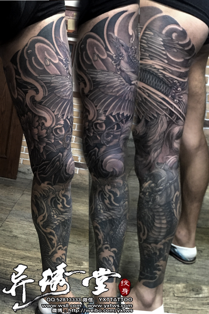 凤凰麒麟牡丹花腿纹身
