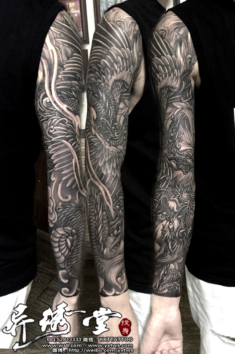 黑白凤凰花臂纹身2