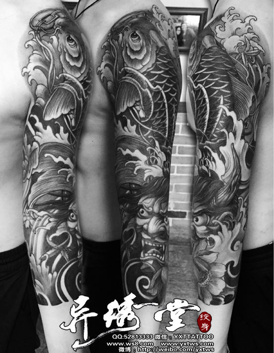 鲤鱼般若莲花七分袖黑白纹身